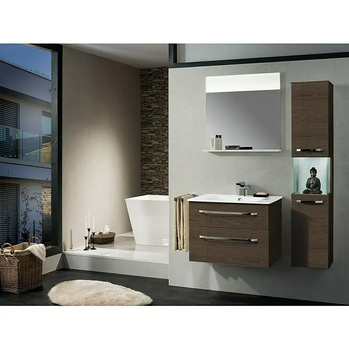 Camargue Star Waschtischunterschrank - 69,4 x 48,9 x 51,8 cm, Ohne Beleuchtung, Eiche Maron, Matt - Stimmungsaufnahme