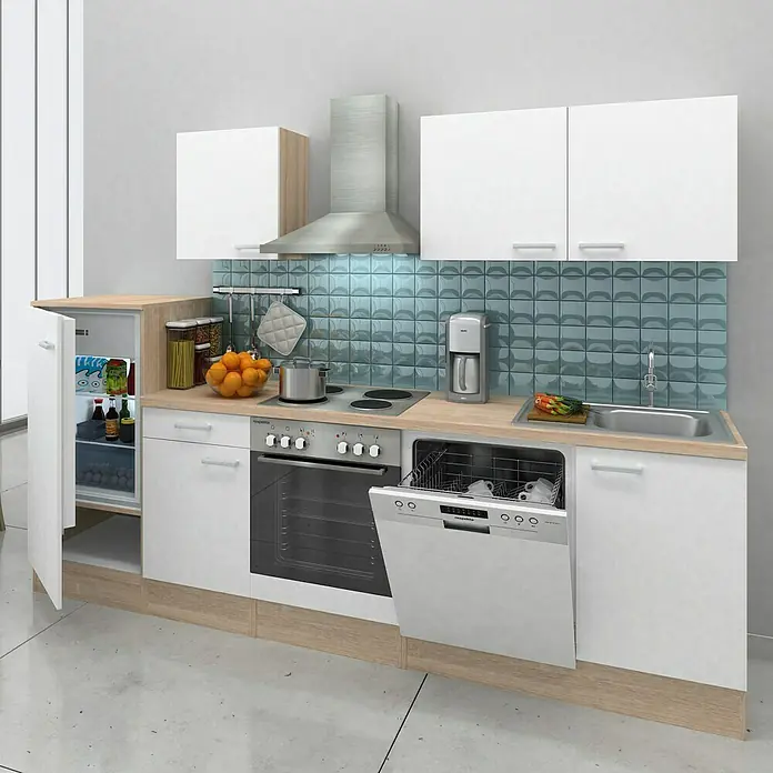 Respekta Küchenzeile KB280ENWP - Breite: 280 cm, 4 Platten Kochmulde, Mit Elektrogeräten, Weiß