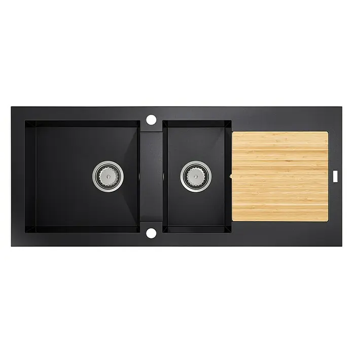 Carea Einbauspüle Katla - 118 x 50 cm, 2 Becken, CAREAlith®, Schwarz - Ansicht von oben