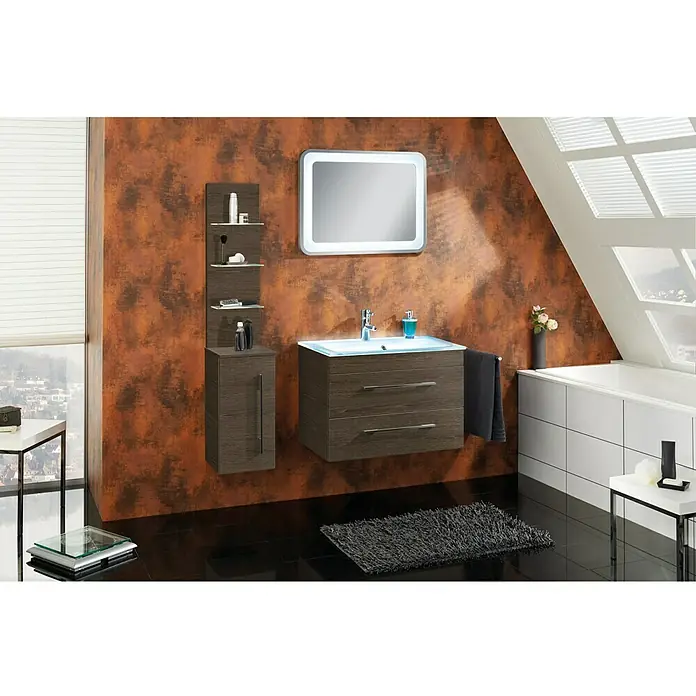 Camargue Stella Waschtischunterschrank - 59,2 x 40,8 x 49 cm, 2 Schubkästen, Mit Beleuchtung, Eiche Maron - Stimmungsaufnahme