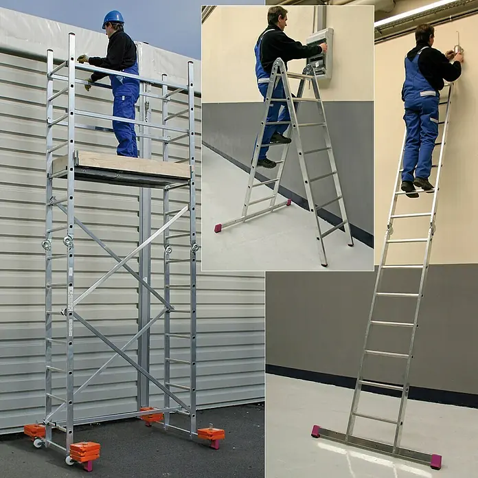 Krause Corda Gelenkgerüst - Arbeitshöhe: 5 m, 2 x 7 Sprossen, Aluminium, Fahrbar - Anwendungsbeispiel