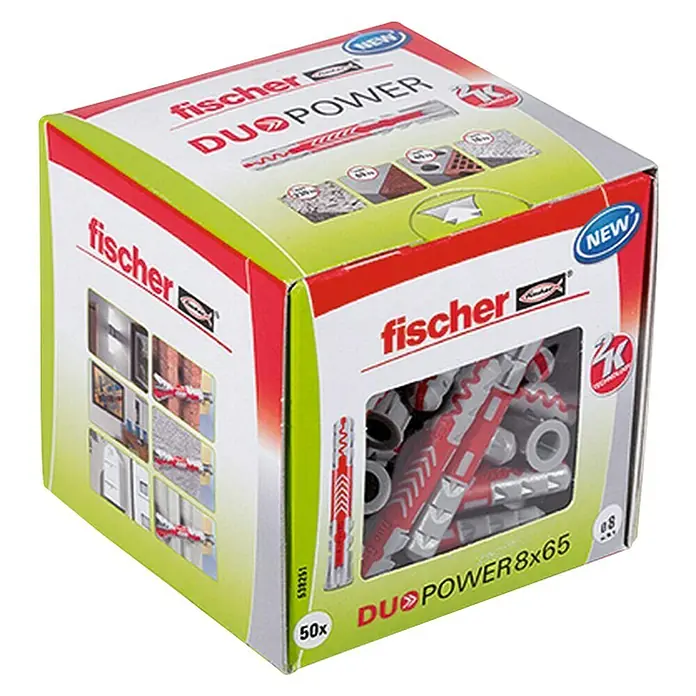 Fischer Asortiman tipli Duopower - Promjer tiple: 8 mm, Duljina tiple: 65 mm, 50 kom, S rubom, Svi građevni materijali - Pogled sprijeda