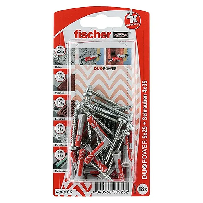 Fischer Dübel- & Schraubenbox Duopower - Durchmesser Dübel: 5 mm, Länge Dübel: 25 mm, 18 Stk., Panheadschraube - Vorderansicht