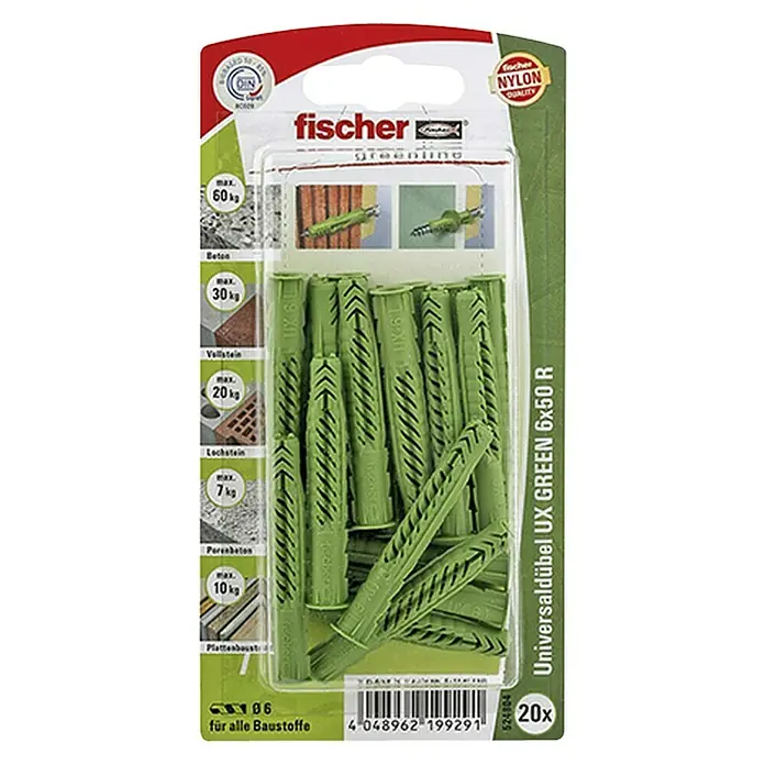 Fischer Greenline Universaldübel UX 6 x 50 R GREEN - Ø x L: 6 x 50 mm, Nylon, 20 Stk., Mit Rand - Vorderansicht