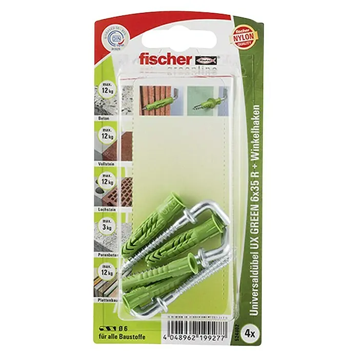 Fischer Greenline Universaldübel-Set UX 6 x 35 R WH GREEN K - Ø x L: 6 x 35 mm, Winkelhaken, Nylon, 4 Stk. - Vorderansicht