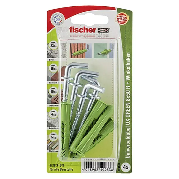 Fischer Greenline Universaldübel-Set UX 8 x 50 R WH GREEN K - Ø x L: 8 x 50 mm, Winkelhaken, Nylon, 4 Stk. - Vorderansicht