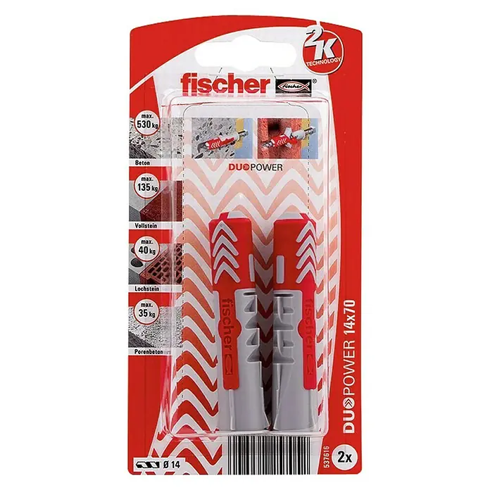 Fischer Universaldübel Duopower - Durchmesser Dübel: 14 mm, Länge Dübel: 70 mm, 2 Stk., Mit Rand, Alle Baustoffe - Vorderansicht