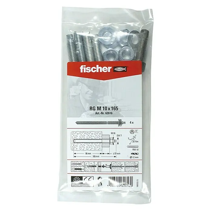 Fischer Gewindestangen RGM - M10, Länge: 16,5 cm, 4 Stk. - Vorderansicht