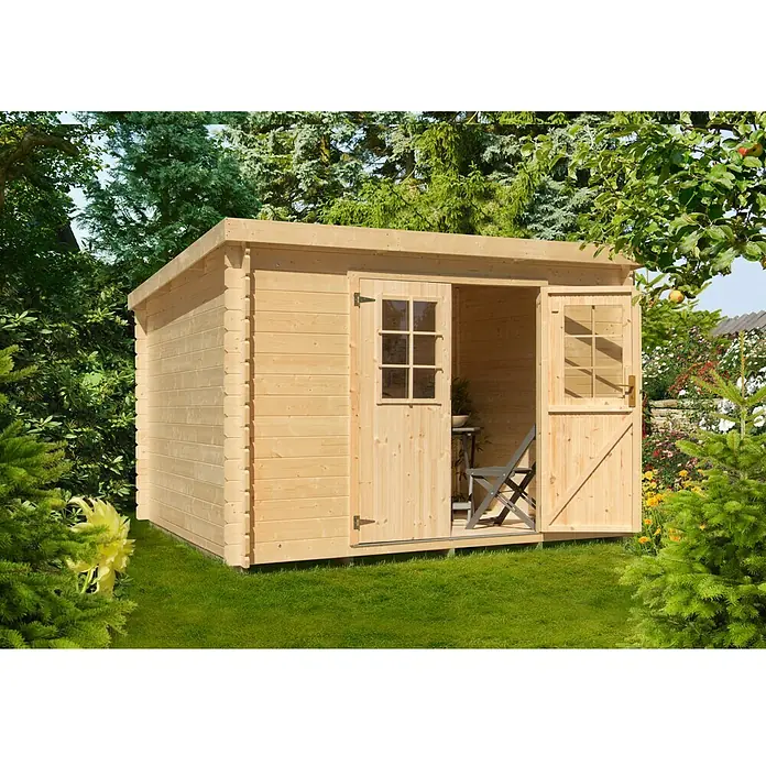 Caseta de madera Espoo 477 - 2,14 x 2,32 m, Espesor de pared: 19 mm, Natural - Vista frontal