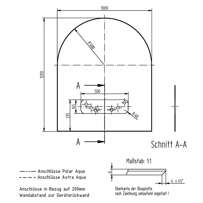 Justus Glasbodenplatte B3 - 120 x 100 cm, Gebogen, Mit Ausschnitt - Ansicht von oben