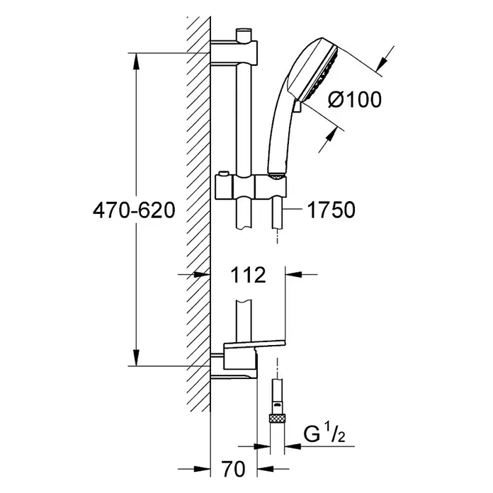 Grohe Brausegarnitur Vitalio Comfort 100 - Lochabstand: 47 cm - 62 cm, Chrom, Anzahl Strahlarten: 3 Stk. - Vorderansicht