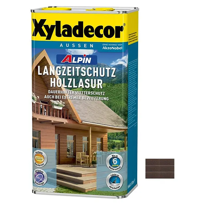 Xyladecor Langzeitschutz-Holzlasur Alpin - Palisander, 5 l, Seidenglänzend, Lösemittelbasiert