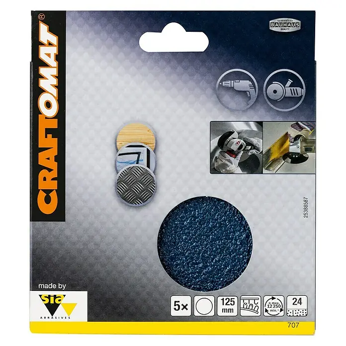 Craftomat Set listova za brušenje - Promjer: 125 mm, Granulacija: 24, 5 Kom. - Pogled sprijeda