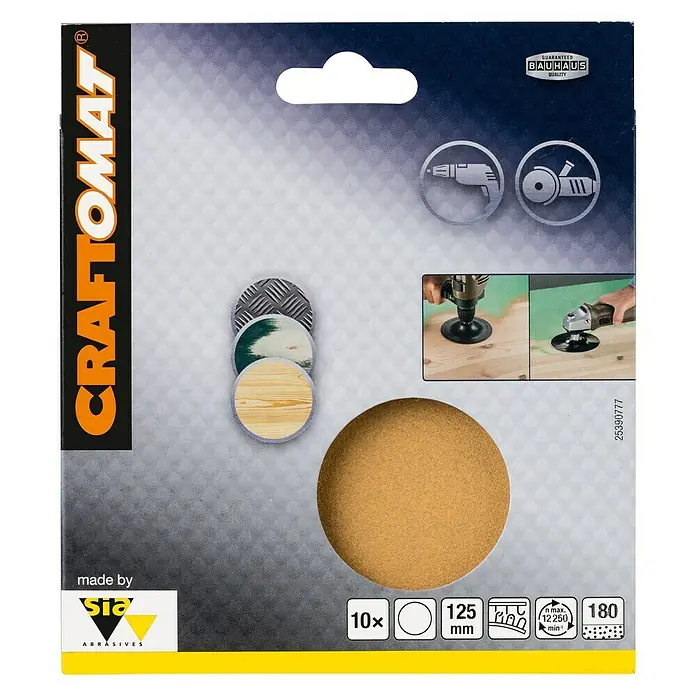 Craftomat Set listova za brušenje - Promjer: 125 mm, 10 Kom., Granulacija: 180 - Pogled sprijeda
