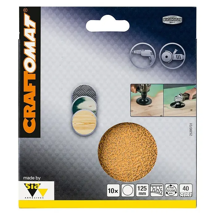 Craftomat Set listova za brušenje - Promjer: 125 mm, 10 Kom., Granulacija: 40 - Pogled sprijeda