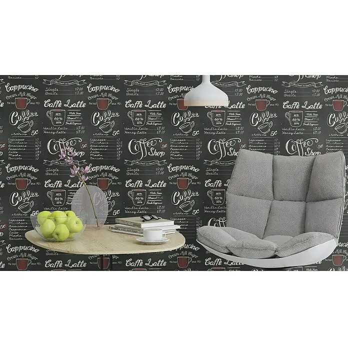 Rasch Papiertapete Coffee - Grau/Silber/Schwarz, Motiv, 10,05 x 0,53 m - Stimmungsaufnahme