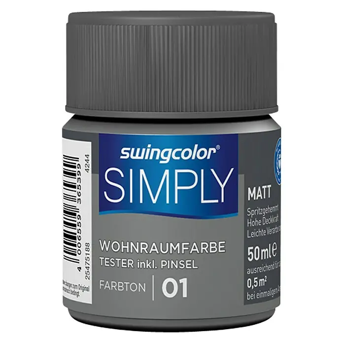 swingcolor Boja za zid SIMPLY Tester - Siva – br. 01, 50 ml, Mat - Pogled sprijeda