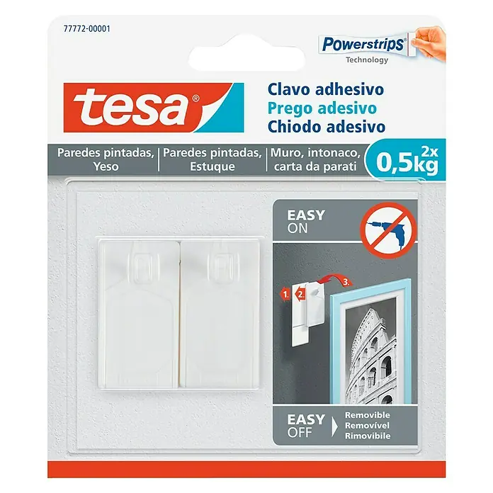 Tesa Clavo adhesivo - Apto para: Paredes pintadas, Carga soportada: 0,5 kg, 2 uds., Blanco