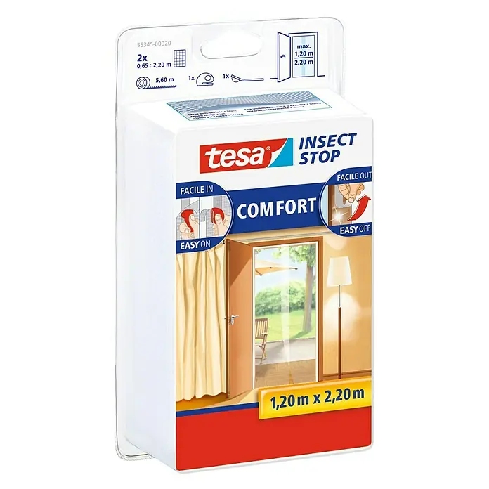 Tesa Insect Stop Mosquitera Comfort - An x Al: 120 x 220 cm, Color tejido: Blanco, Fijación por velcro, Puertas