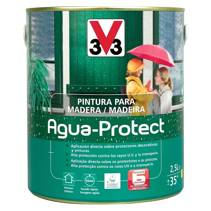 V33 Pintura protectora para la madera Agua Protect - Blanco, 2,5 l, Satinado