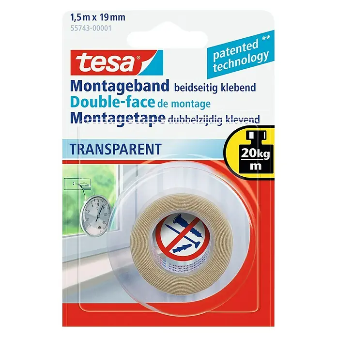 Tesa Powerbond Cinta de doble cara Transparente - 1,5 m x 19 mm