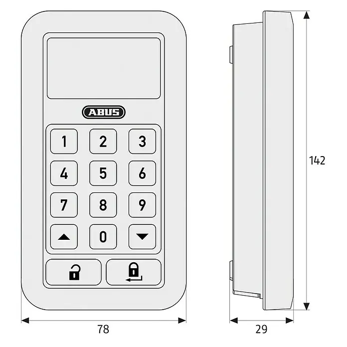 Abus HomeTec Pro Funk-Tastatur CFT3000 W - 29 x 78 x 142 mm, Passend für: Abus HomeTec Pro Funk-Türschlossantrieb CFA3000 S/W, Weiß - Rückansicht