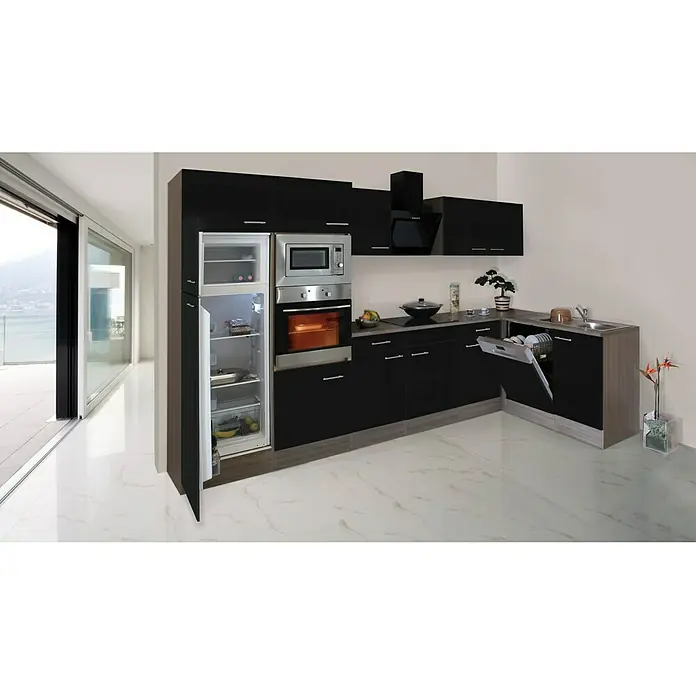 Respekta Winkelküche KBL340EYSMISGKE - 172 x 340 cm, Schwarz Seidenglanz
