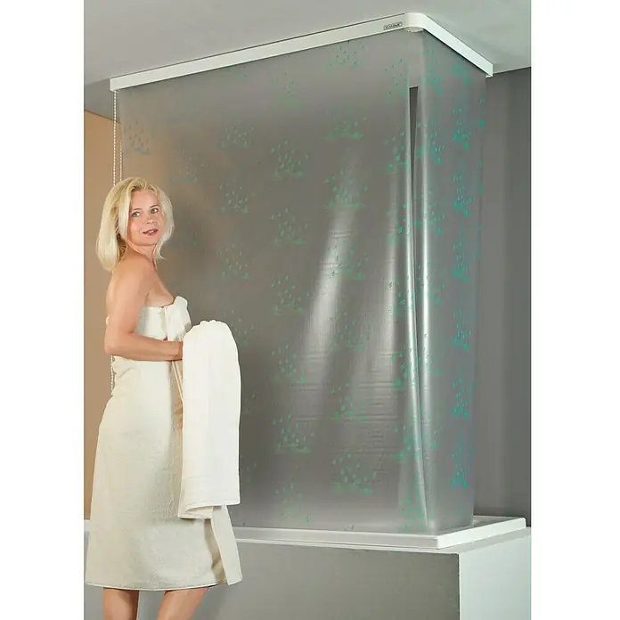 Eco-Dur Eck-Duschrollo - 62 x 137 x 240 cm, Tropfen, Calypso/Silber - Anwendungsbeispiel