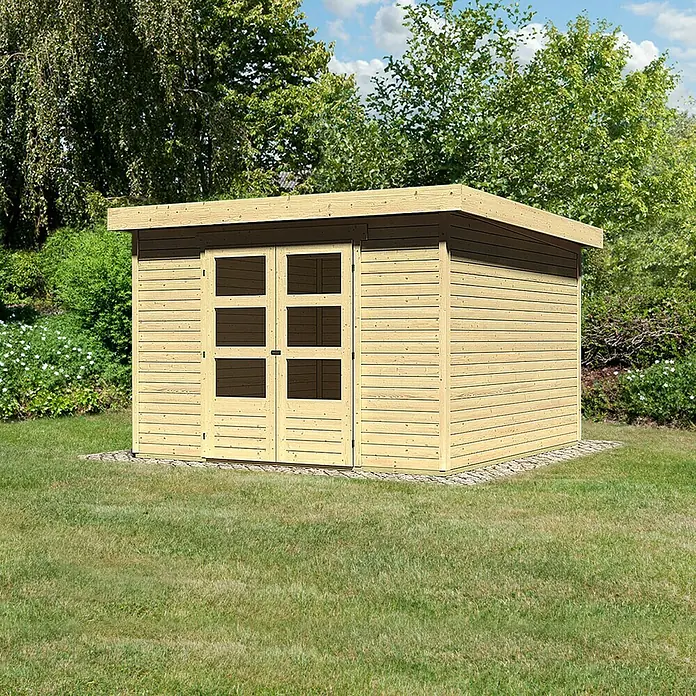 Karibu Gartenhaus Askola - L x B: 306 x 302 cm, Wandstärke: 19 mm, Flachdach, Natur - Linke Seitenansicht