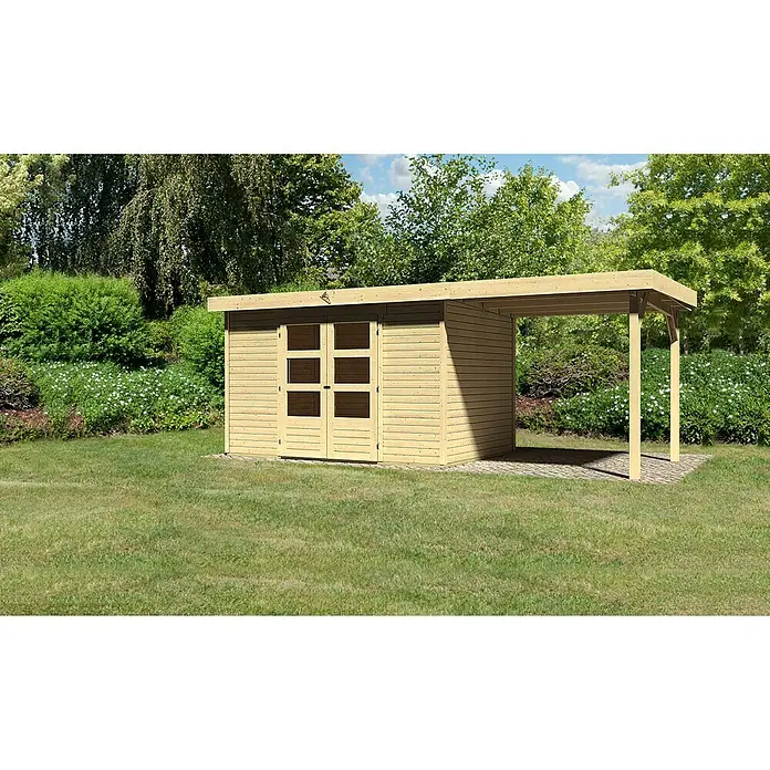 Karibu Gartenhaus Askola - L x B: 217 x 522 cm, Wandstärke: 19 mm, Flachdach, Natur, Mit Anbau - Stimmungsaufnahme