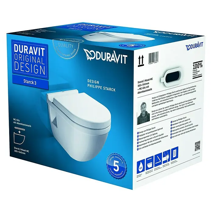 Duravit Starck 3 Wand-WC-Set - Mit Spülrand, Ohne Spezialglasur, Spülform: Tief, WC Abgang: Waagerecht, Sichtbarkeit Befestigung: Sichtbar - Vorderansicht