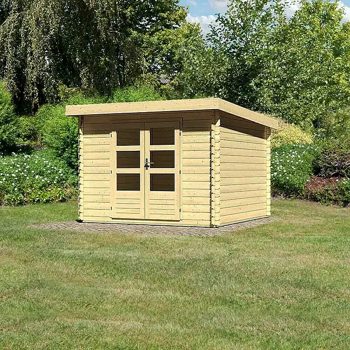 Karibu Blockbohlenhaus Bastrup 5 - 333 x 315 cm, Wandstärke: 28 mm, Pultdach - Rechte Seitenansicht