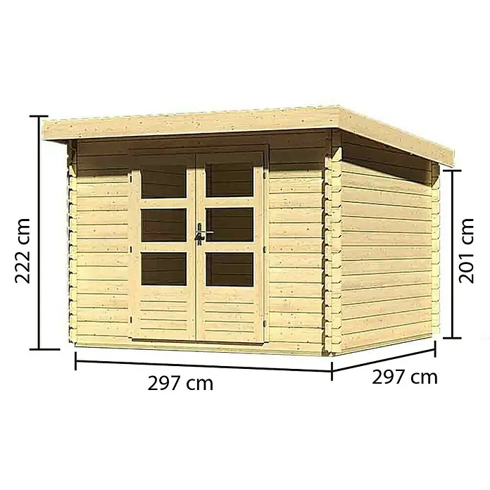 Karibu Blockbohlenhaus Bastrup 5 - 333 x 315 cm, Wandstärke: 28 mm, Pultdach - Rechte Seitenansicht