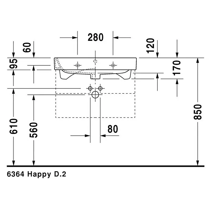 Duravit Happy D.2 Waschtisch - 65 x 50 cm, Mit schmutzabweisender Glasur, Hahnloch: Mitte, Mit Überlauf, Weiß, Ungeschliffen