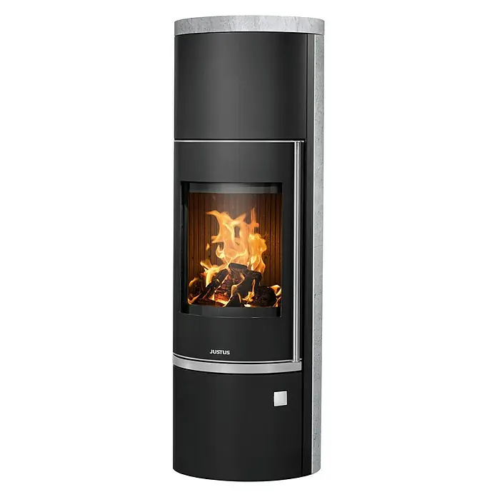 Justus Kaminofen Faro W+ 2.0 - 7 kW, Raumheizvermögen: 144 m³, Verkleidung: Speckstein, Schwarz