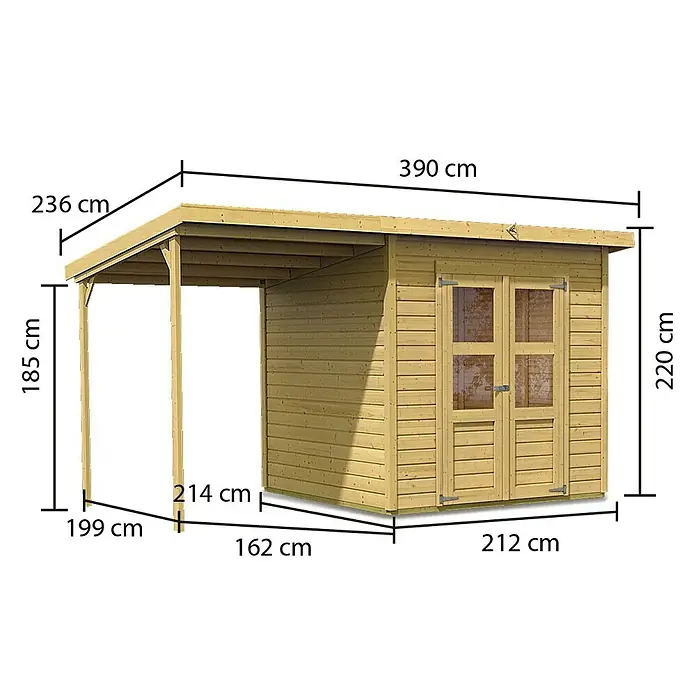 Karibu Gartenhaus Merseburg 4 - 236 x 390 cm, Wandstärke: 14 mm, Pultdach - Rechte Seitenansicht