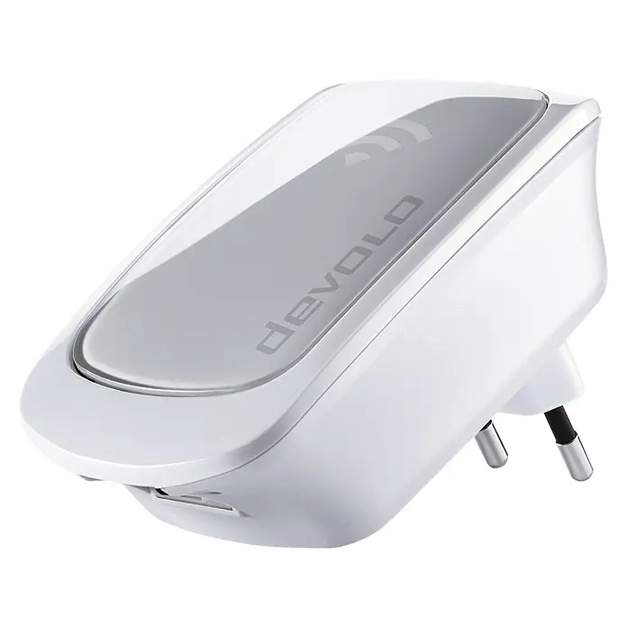 Devolo WLAN-Verstärker Repeater PLC9779 - 1 x Eurostecker (Typ C), 1 x RJ45-Buchse, Weiß, Bis zu 300 Mbit/s (WLAN) - Vorderansicht