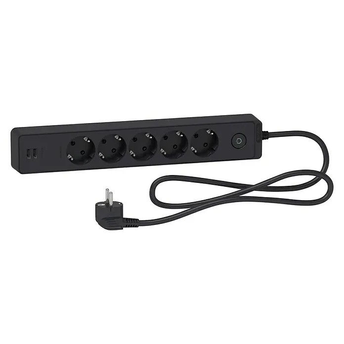 Schneider Electric Base de enchufe múltiple con USB - Número de enchufes Schuko: 5 ud., Antracita, 1,5 m