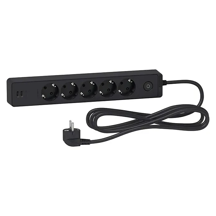 Schneider Electric Base de enchufe múltiple con USB - Número de enchufes Schuko: 5 ud., Antracita, 3 m