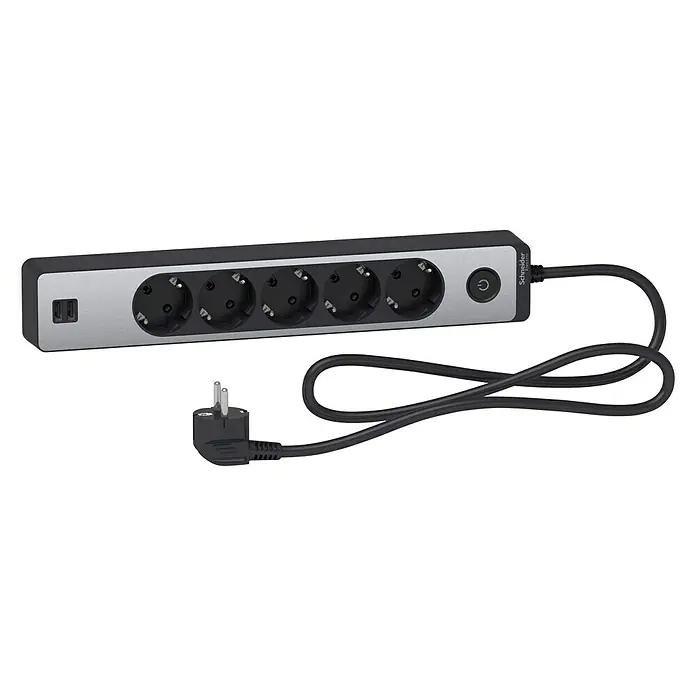 Schneider Electric Base de enchufe múltiple con USB - Número de enchufes Schuko: 5 ud., Negro/Plateado, 1,5 m