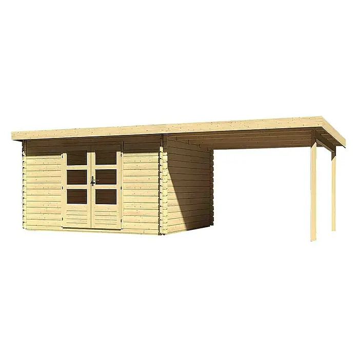 Karibu Blockbohlenhaus Bastrup 7 - 333 x 674 cm, Wandstärke: 28 mm, Pultdach, Ausführung: Mit Anbau - Linke Seitenansicht