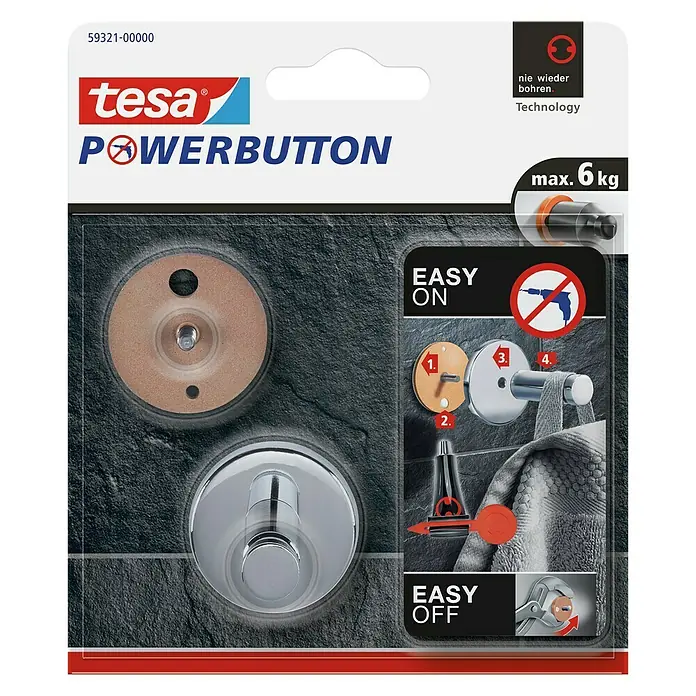 Tesa Powerbutton Wandhaken Powerbutton Universal - Größe: Mittel, Rund, Selbstklebend