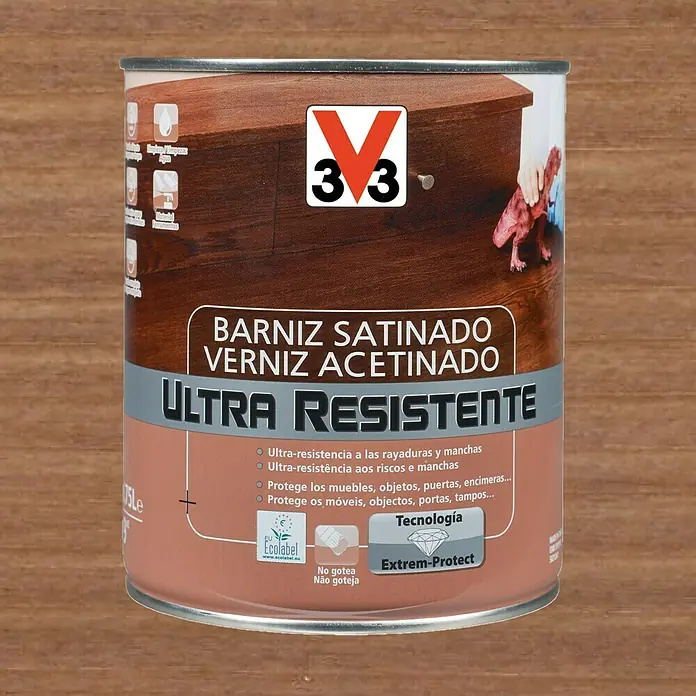 V33 Barniz para madera Satinado Ultra Resistente - Nogal, Satinado, 750 ml