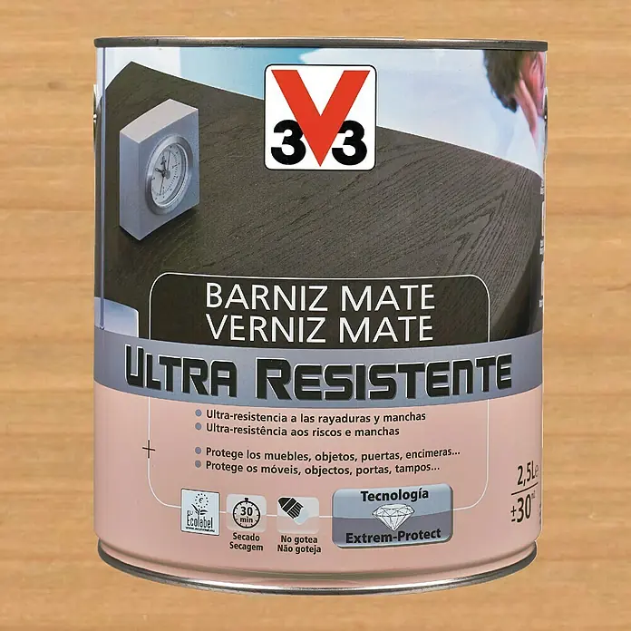 V33 Barniz para madera Mate Ultra Resistente - Roble claro, Mate, 750 ml