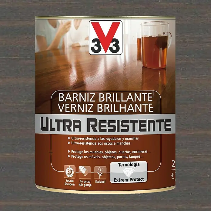 V33 Barniz para madera Brillante Ultra Resistente - Wengué, Brillante, 750 ml