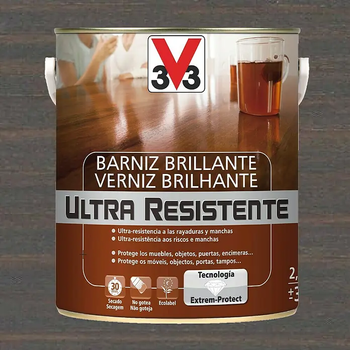 V33 Barniz para madera Brillante Ultra Resistente - Wengué, Brillante, 2,5 l