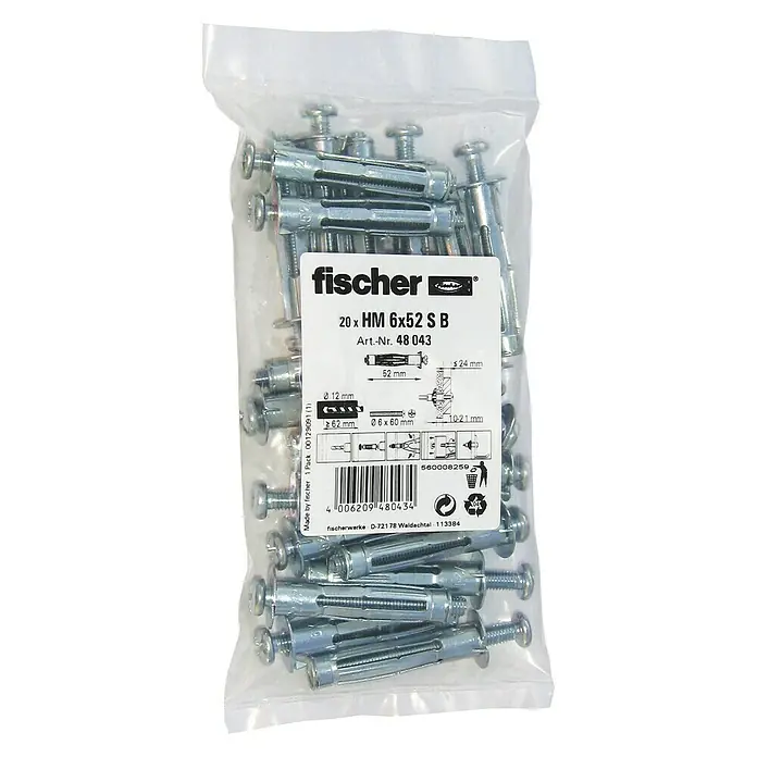 Fischer Metall-Hohlraumdübel HM - Ø x L: 12 x 52 mm, Bohrtiefe: 62 mm, 20 Stk.