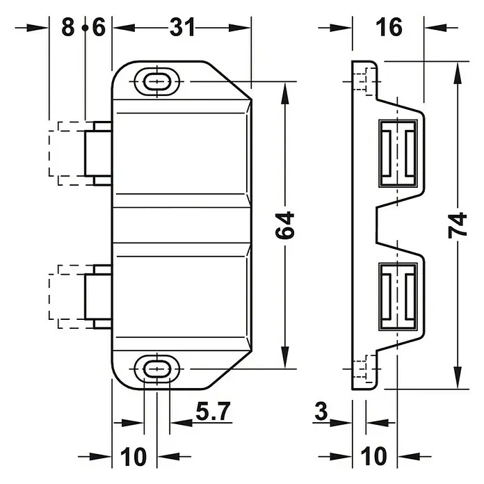 Häfele Magnetische druksluiting - l x b x h: 31 x 74 x 16 mm, Glazen deuren met 2 vleugels - Vooraanzicht