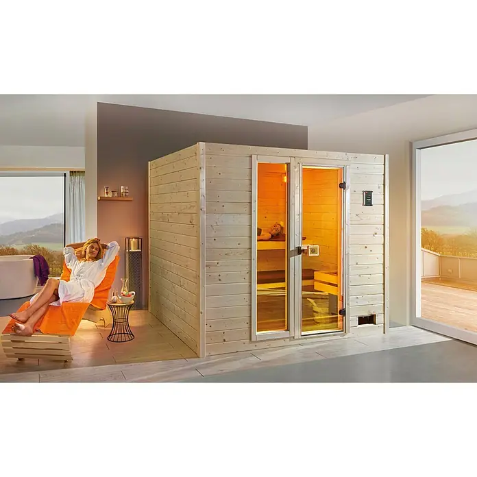 Weka Massivholzsauna Valida Sparset - Mit 9 kW Saunaofen mit integrierter Steuerung, Inkl. Spezial-Saunenleuchten-Set, 172 x 189 x 203,5 cm - Stimmungsaufnahme