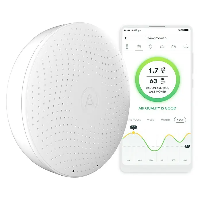 Airthings Luftqualitätsmonitor mit Radongasmelder Plus - Durchmesser: 119 mm, Batterielaufzeit: Bis zu 1,5 Jahre - Vorderansicht